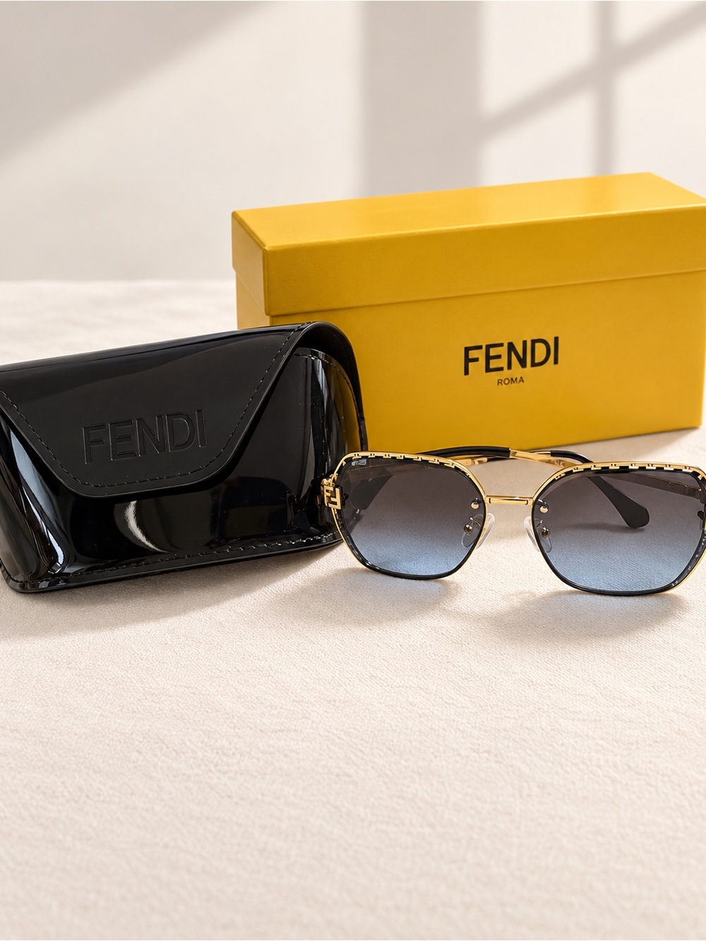 Fendi Gold Frame Sunglasses with Gray Gradient Lenses and Black Case
